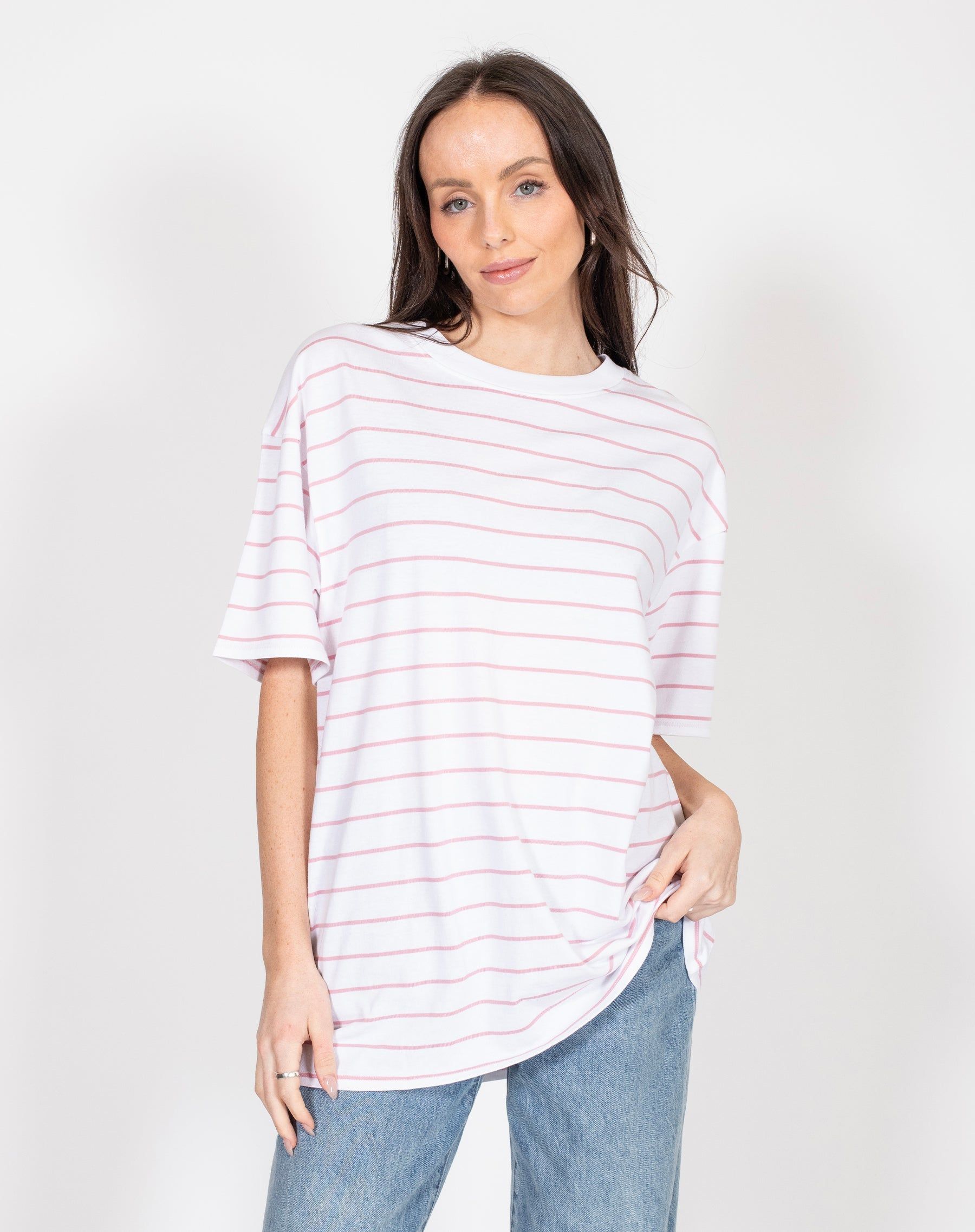The Oversized Boxy Crew Neck Tee | Bubble Gum Stripe sold by Brunette The Label