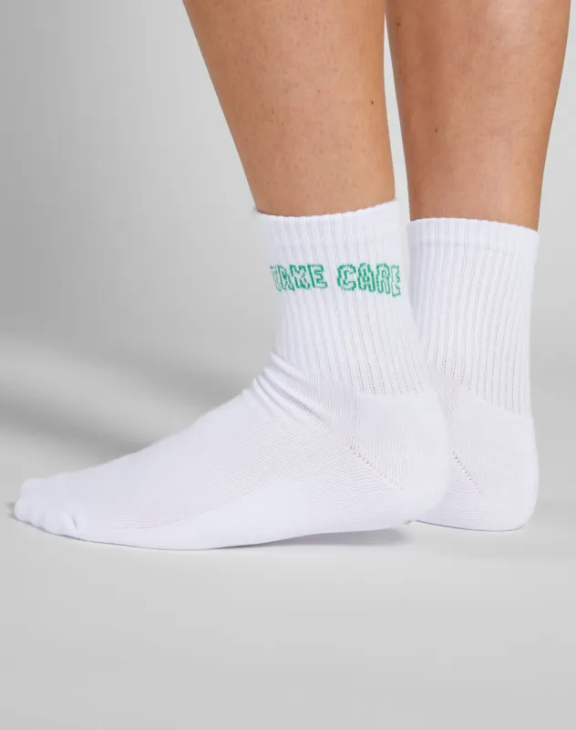"Take Care" Sock | White & Kelly Green sold by Brunette The Label