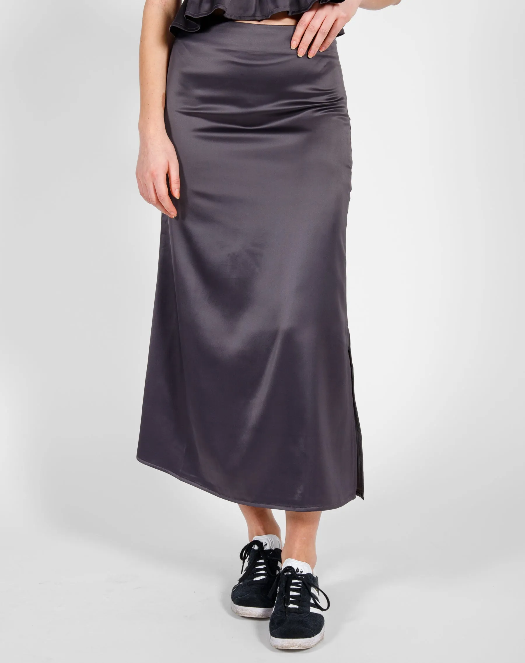 The Satin Maxi Skirt | Charcoal sold by Brunette The Label