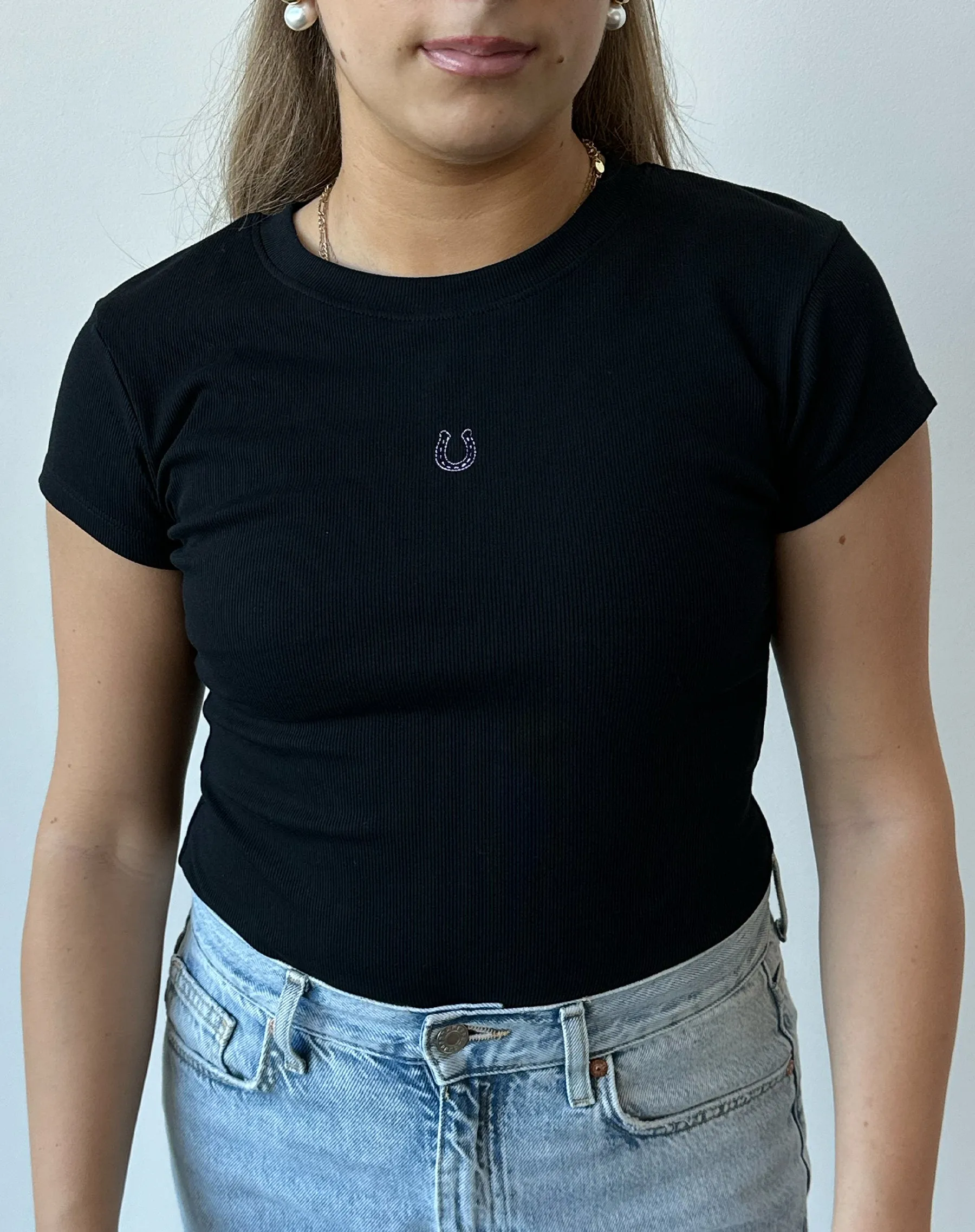 The Embroidered Horseshoe Ribbed Tee | Black sold by Brunette The Label product image thumbnail 2