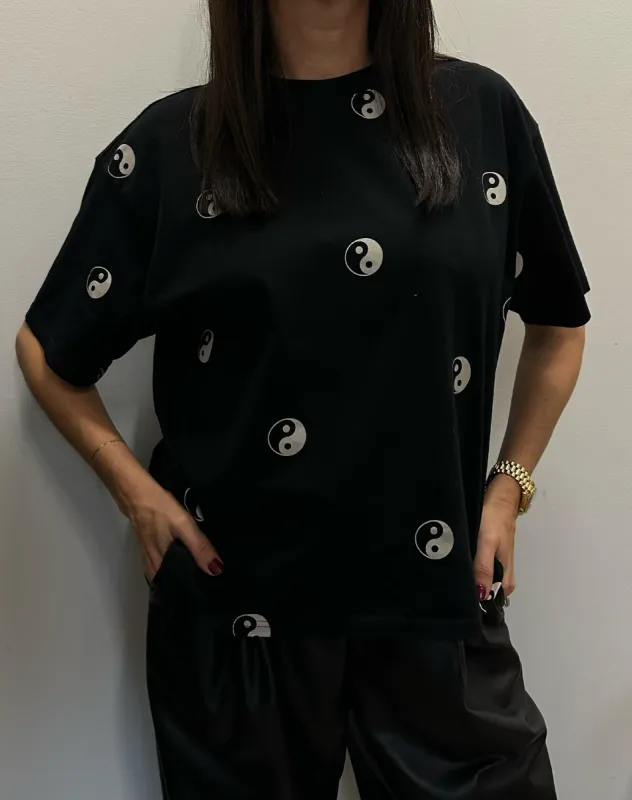 The "ALL OVER YIN YANG" Boxy Crew Neck Tee | Black sold by Brunette The Label