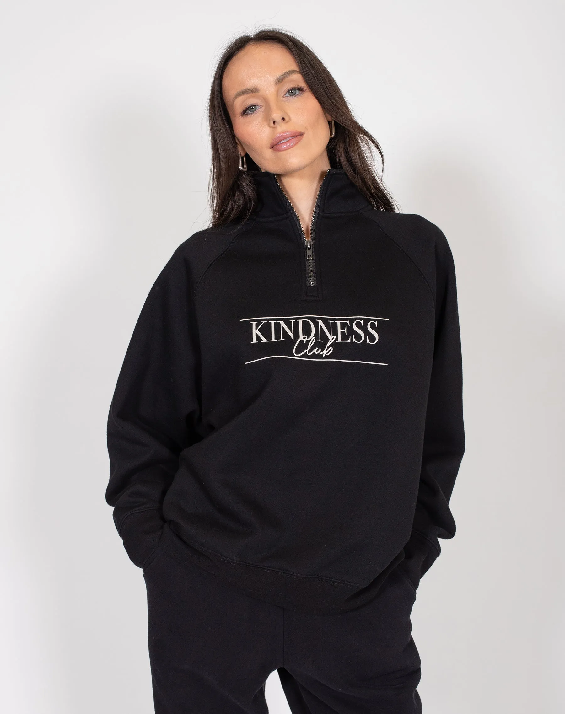 The "KINDNESS CLUB" Not Your Boyfriend's Half Zip Sweater | Black sold by Brunette The Label