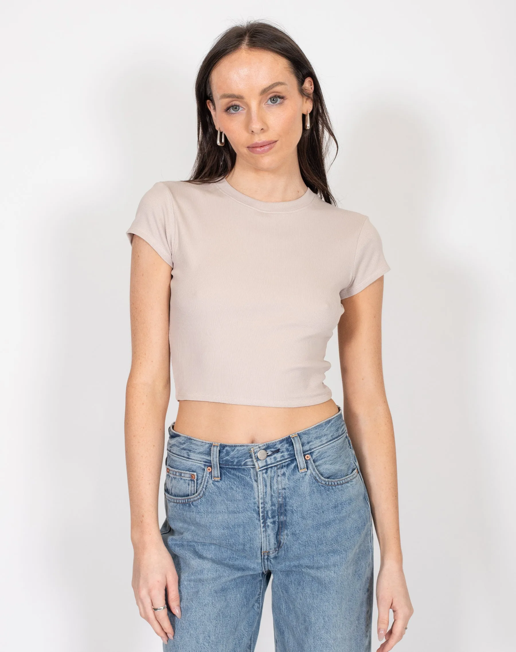 The Cropped Ribbed Tee | Oyster sold by Brunette The Label