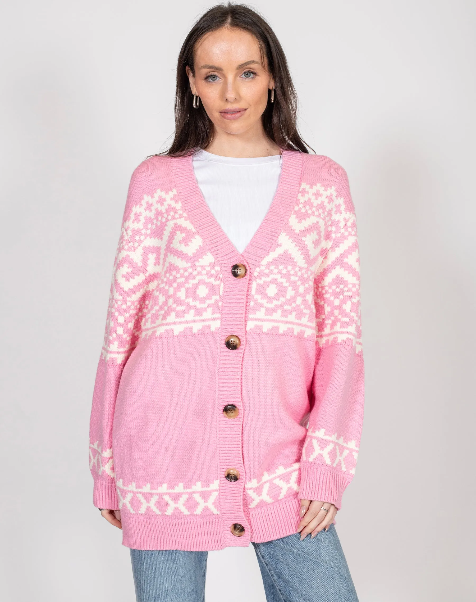 Fair Isle Knit Cardigan | Bubble Gum sold by Brunette The Label