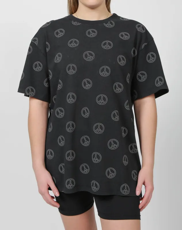 The "PEACE SIGN" Oversized Boxy Crew Neck Tee | Washed Black sold by Brunette The Label