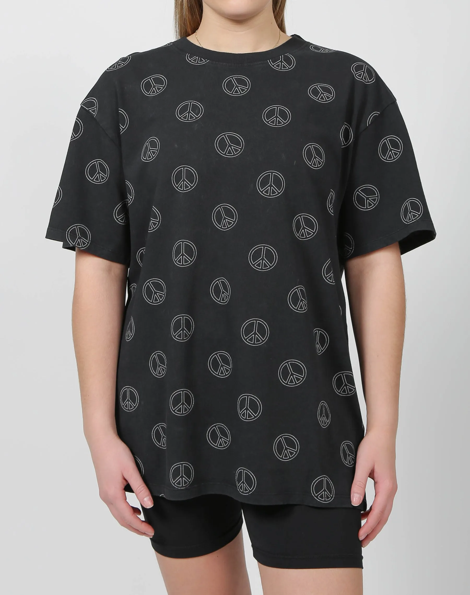 The "PEACE SIGN" Oversized Boxy Crew Neck Tee | Washed Black sold by Brunette The Label