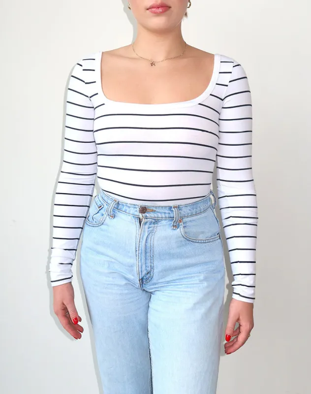 Long Sleeve Square Neck Bodysuit | Black Stripe sold by Brunette The Label