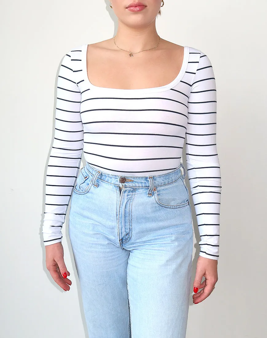 Long Sleeve Square Neck Bodysuit | Black Stripe sold by Brunette The Label