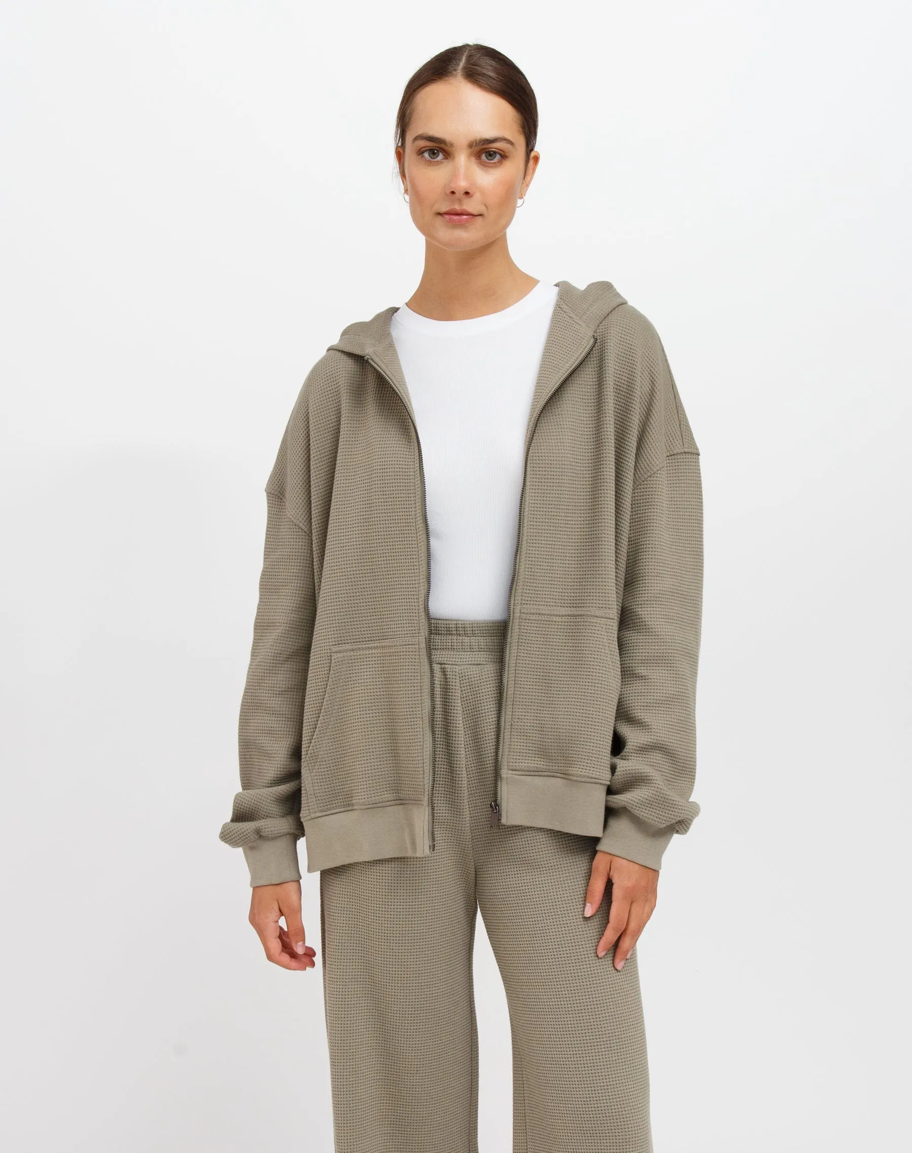 Waffle Oversized Zip-Up Hoodie | Olive sold by Brunette The Label product image thumbnail 3