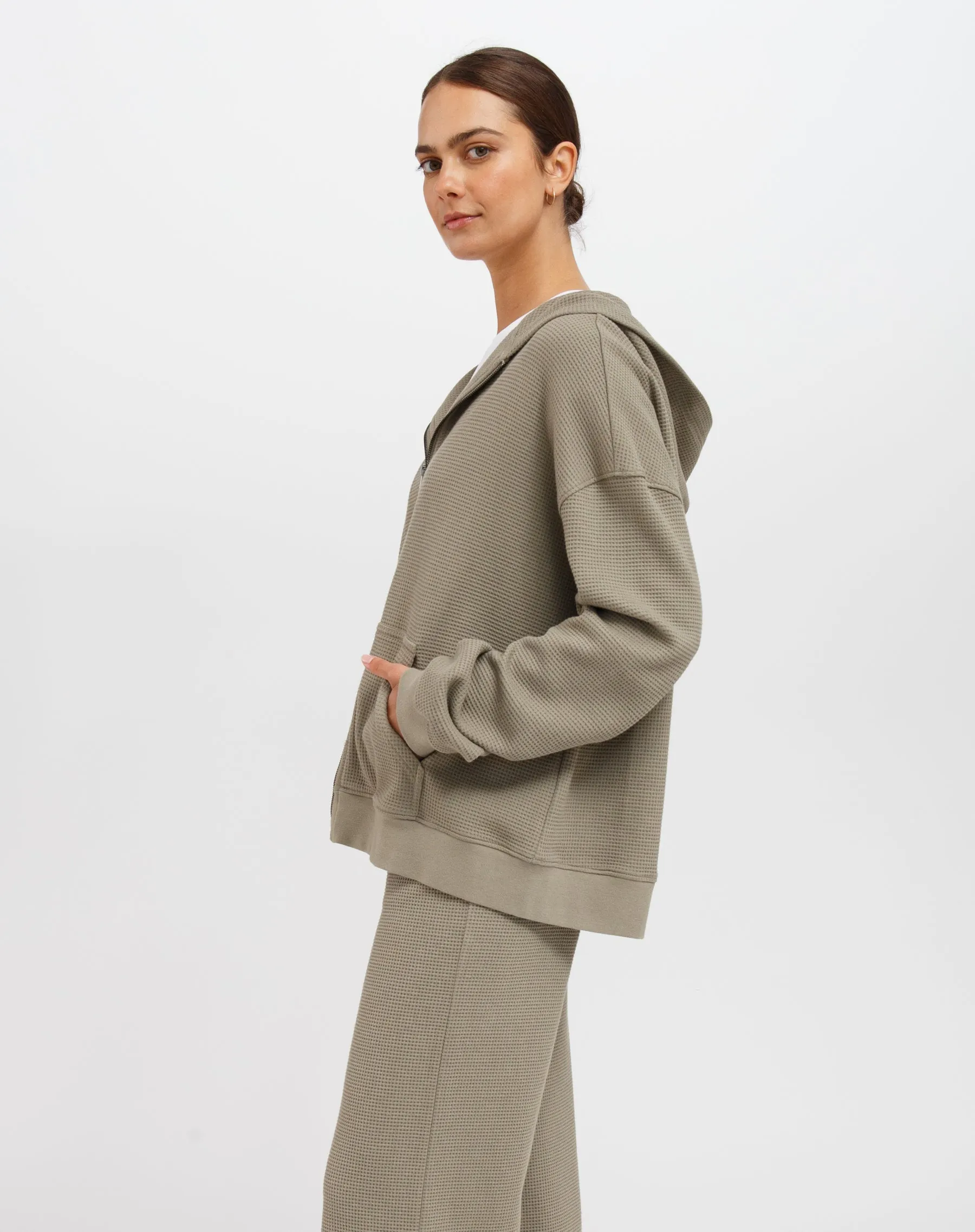 Waffle Oversized Zip-Up Hoodie | Olive sold by Brunette The Label product image thumbnail 4