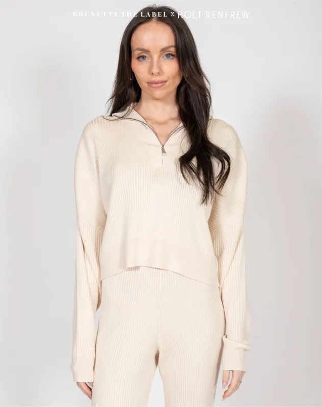 Ribbed Knit Half-Zip Sweater in Cream | Holt Renfrew Pop Up sold by Brunette The Label