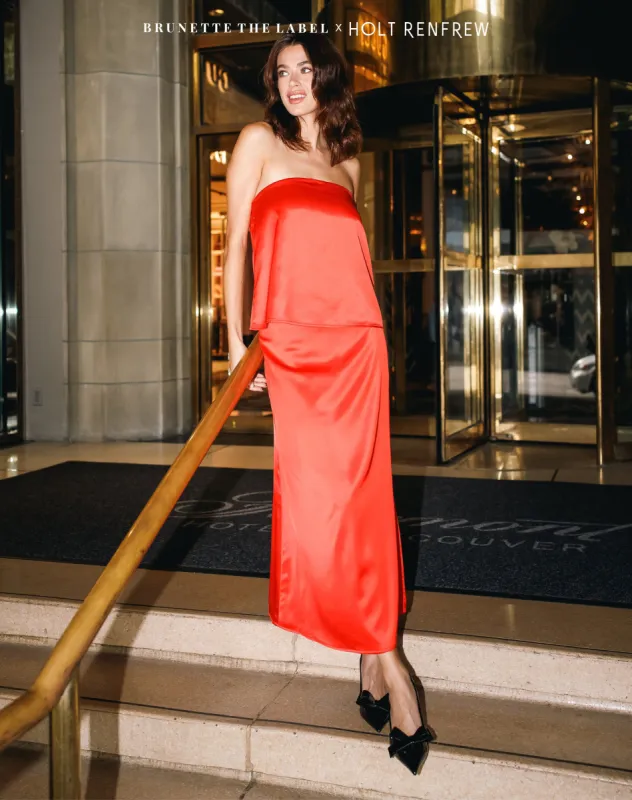 Satin Maxi Skirt in Crimson | Holt Renfrew Pop Up sold by Brunette The Label