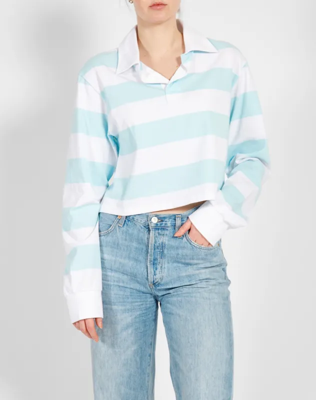 The Cropped Rugby Shirt | White & Baby Blue sold by Brunette The Label