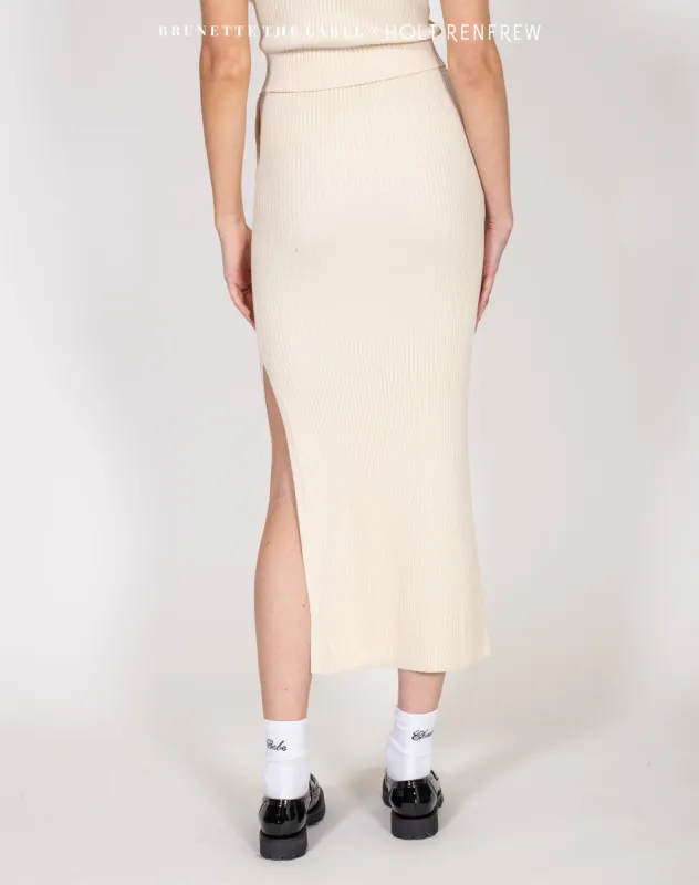 The 'Penelope' Ribbed Knit Maxi Skirt in Cream | Holt Renfrew Pop Up sold by Brunette The Label