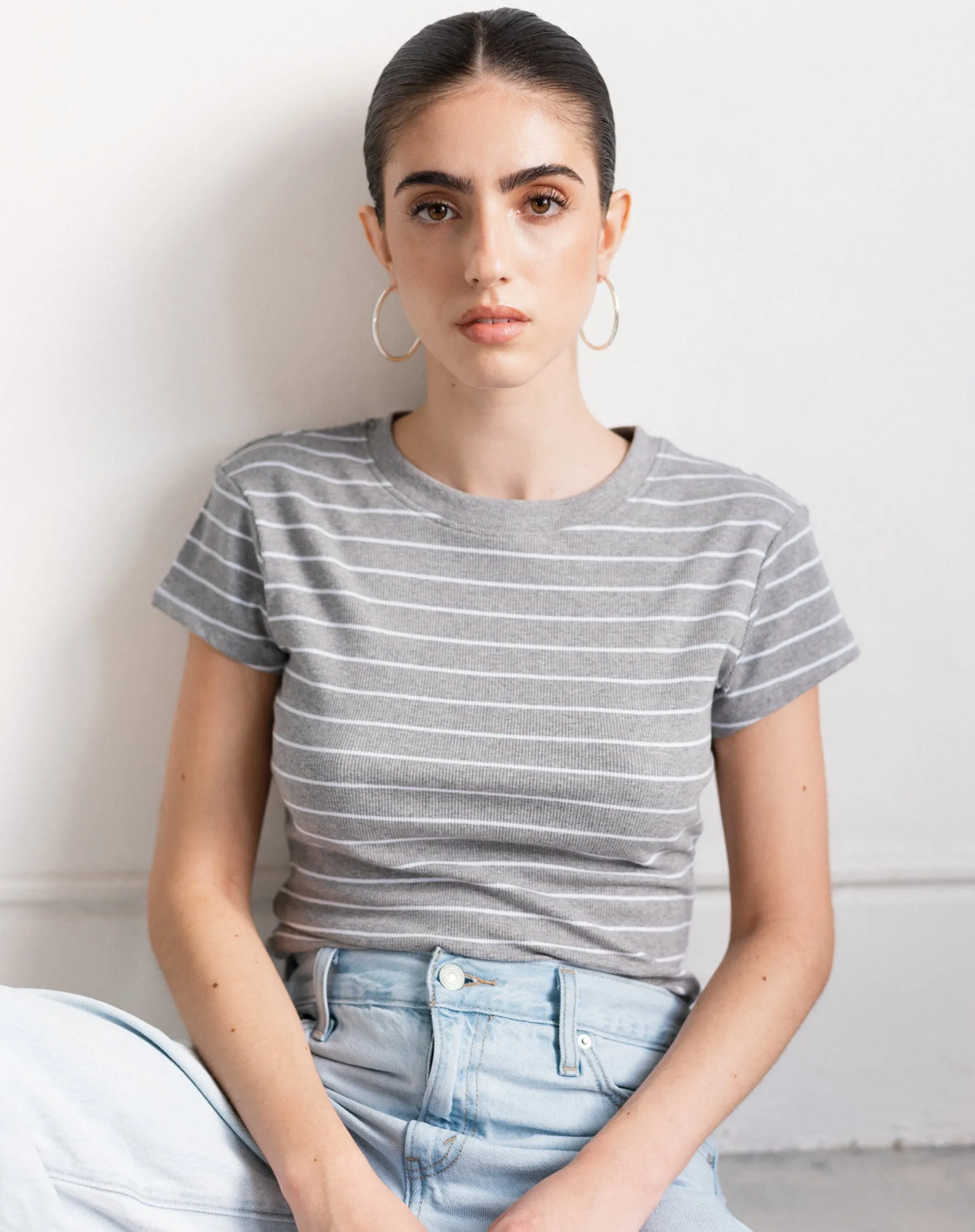Ribbed Tee | Heather Grey & White Stripe sold by Brunette The Label