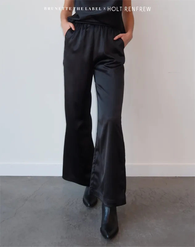 The 'Stevie' Satin Straight Leg Pant in Black | Holt Renfrew Pop Up sold by Brunette The Label