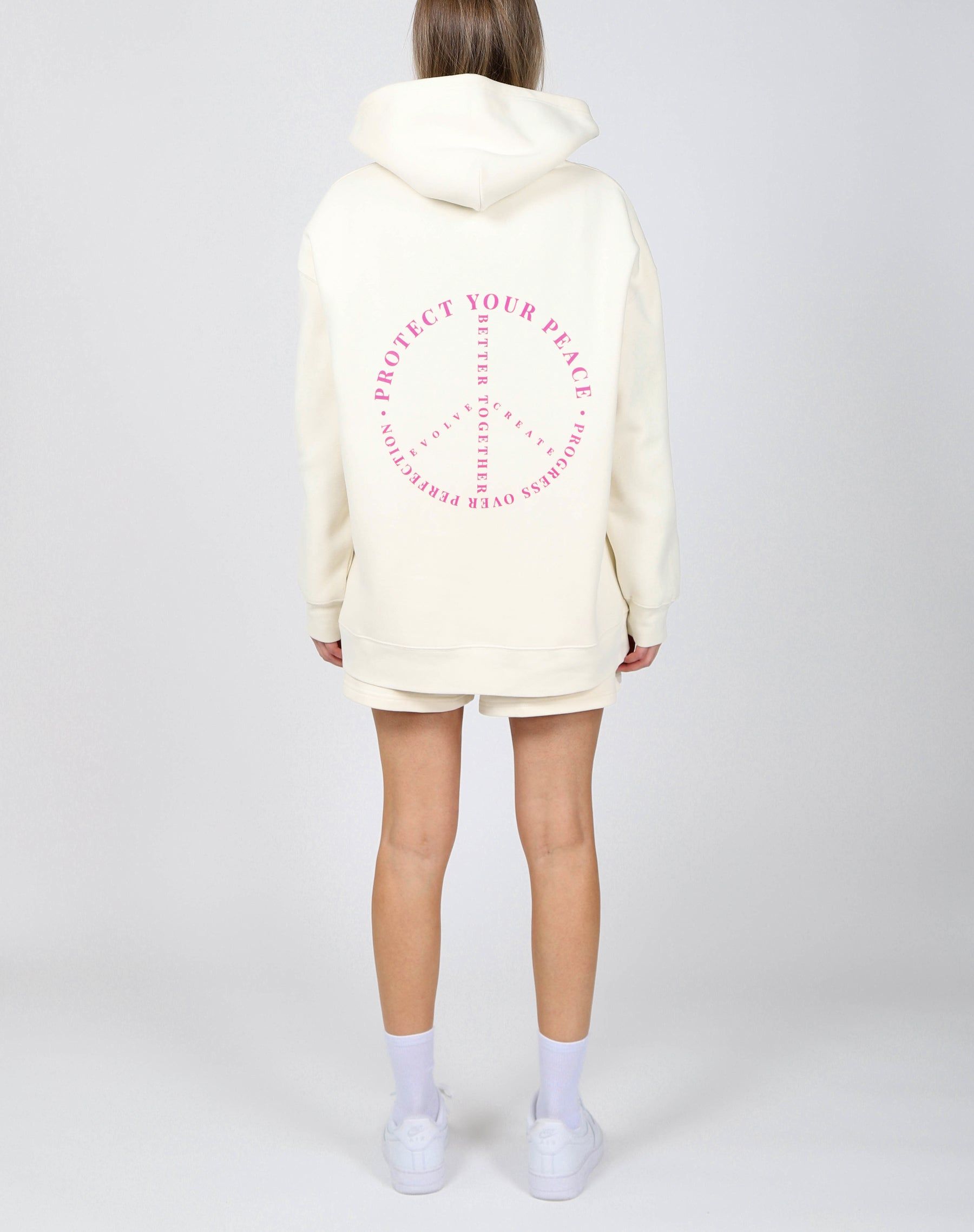 The "PROTECT YOUR PEACE" Big Sister Hoodie | Almond Milk & Fuchsia sold by Brunette The Label product image thumbnail 3