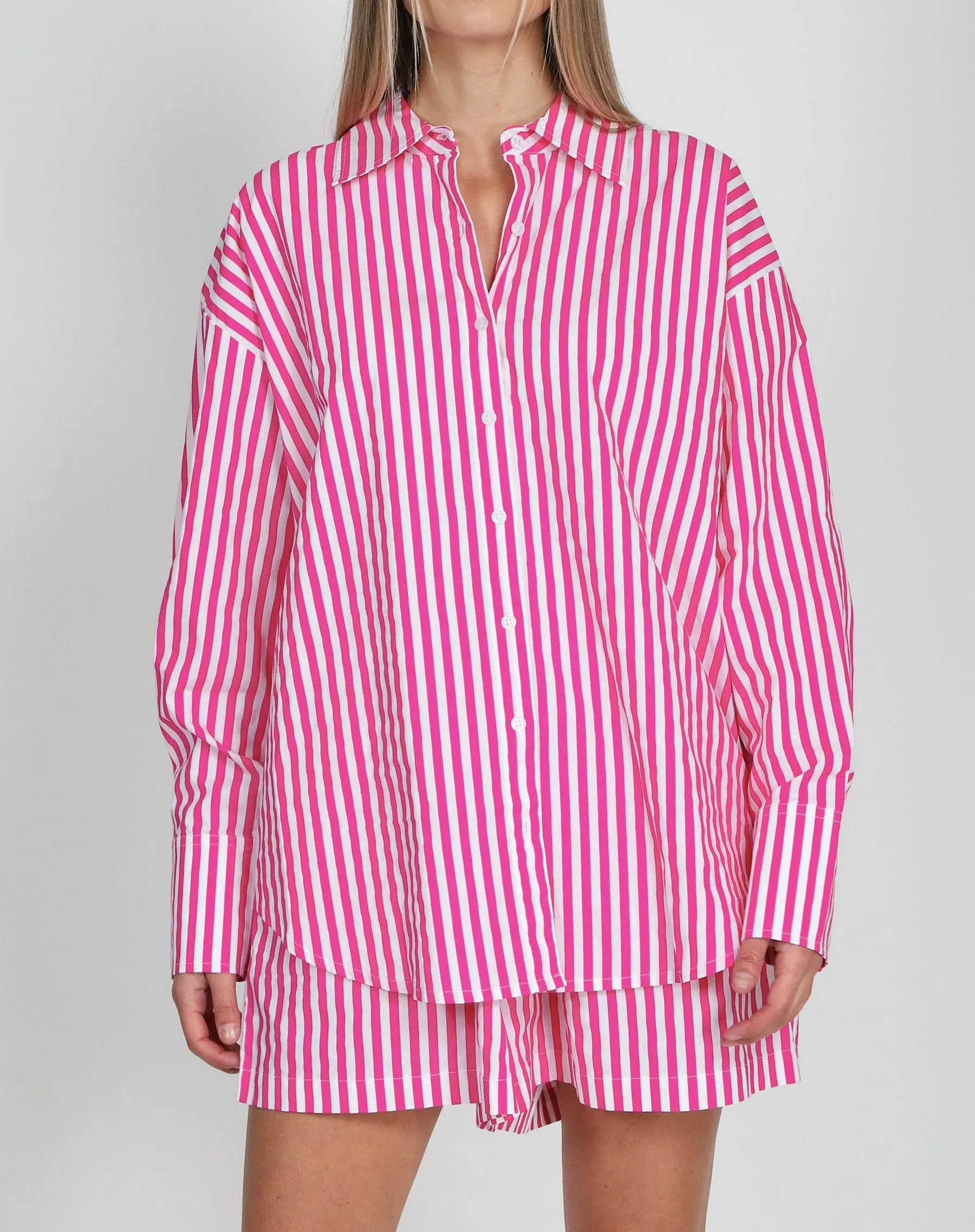 Striped Button Up Shirt | Fuchsia sold by Brunette The Label