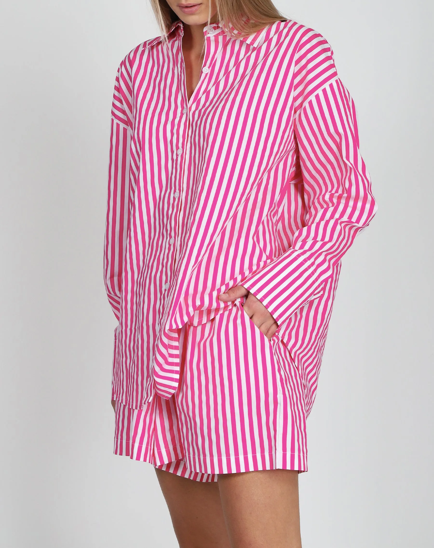 Striped Button Up Shirt | Fuchsia sold by Brunette The Label product image thumbnail 4