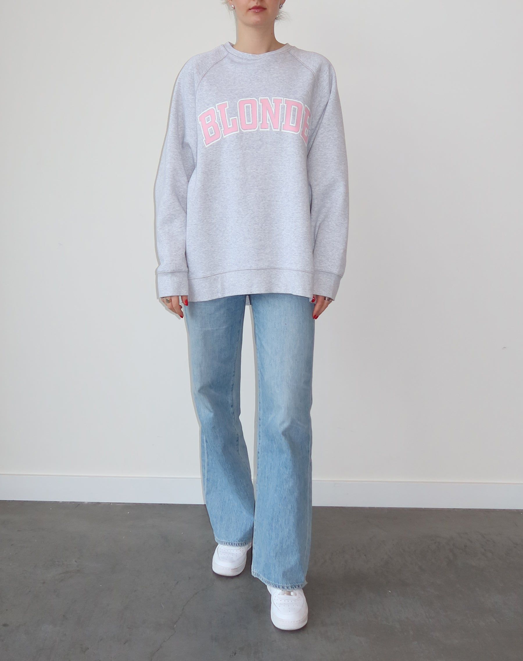 The "BLONDE" Not Your Boyfriend's Varsity Crew Neck Sweatshirt | Pebble Grey & Baby Pink sold by Brunette The Label product image thumbnail 3