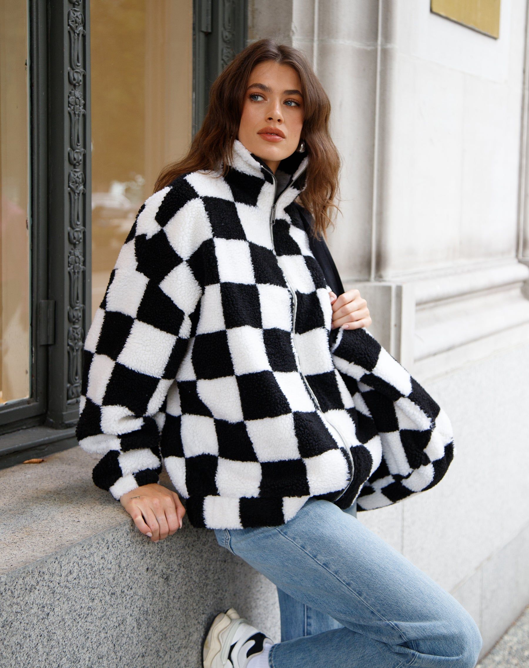 Checkerboard Sherpa Jacket | Black & White sold by Brunette The Label