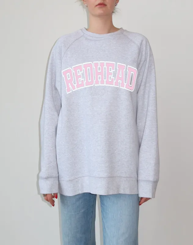 The "REDHEAD" Not Your Boyfriend's Varsity Crew Neck Sweatshirt | Pebble Grey & Baby Pink sold by Brunette The Label