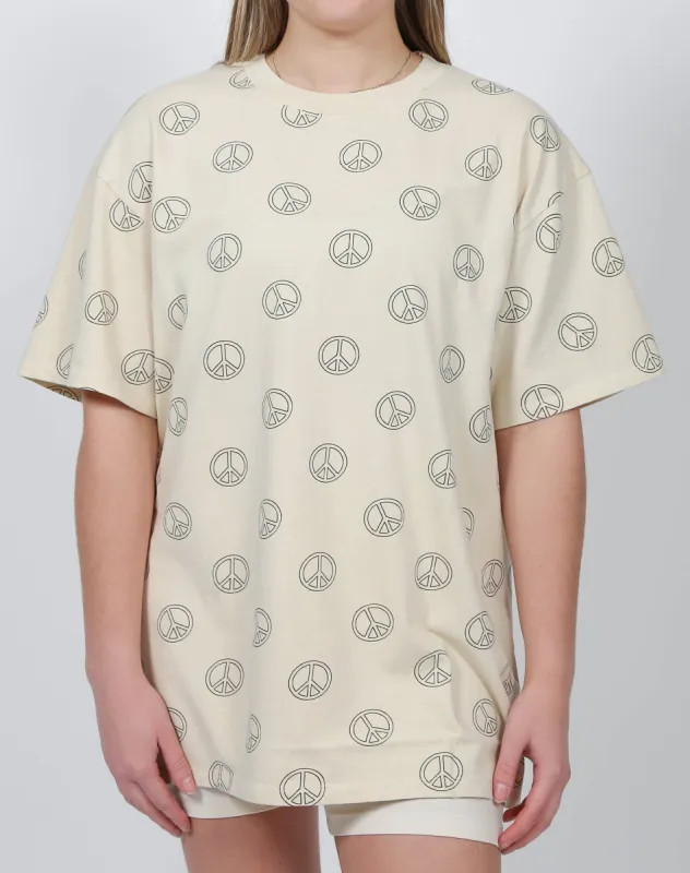 The "PEACE SIGN" Oversized Boxy Crew Neck Tee | Almond Milk sold by Brunette The Label