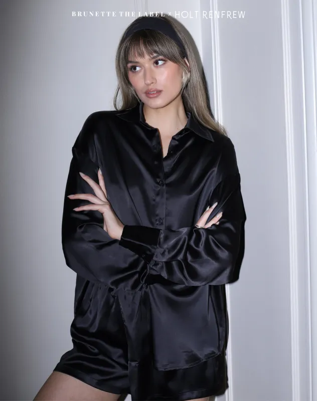 'Bianca' Satin Button Up Shirt in Black | Holt Renfrew Pop Up sold by Brunette The Label