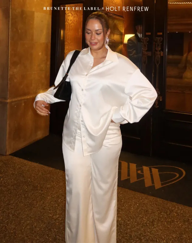 'Bianca' Satin Button Up Shirt in Oyster Shell | Holt Renfrew Pop Up sold by Brunette The Label