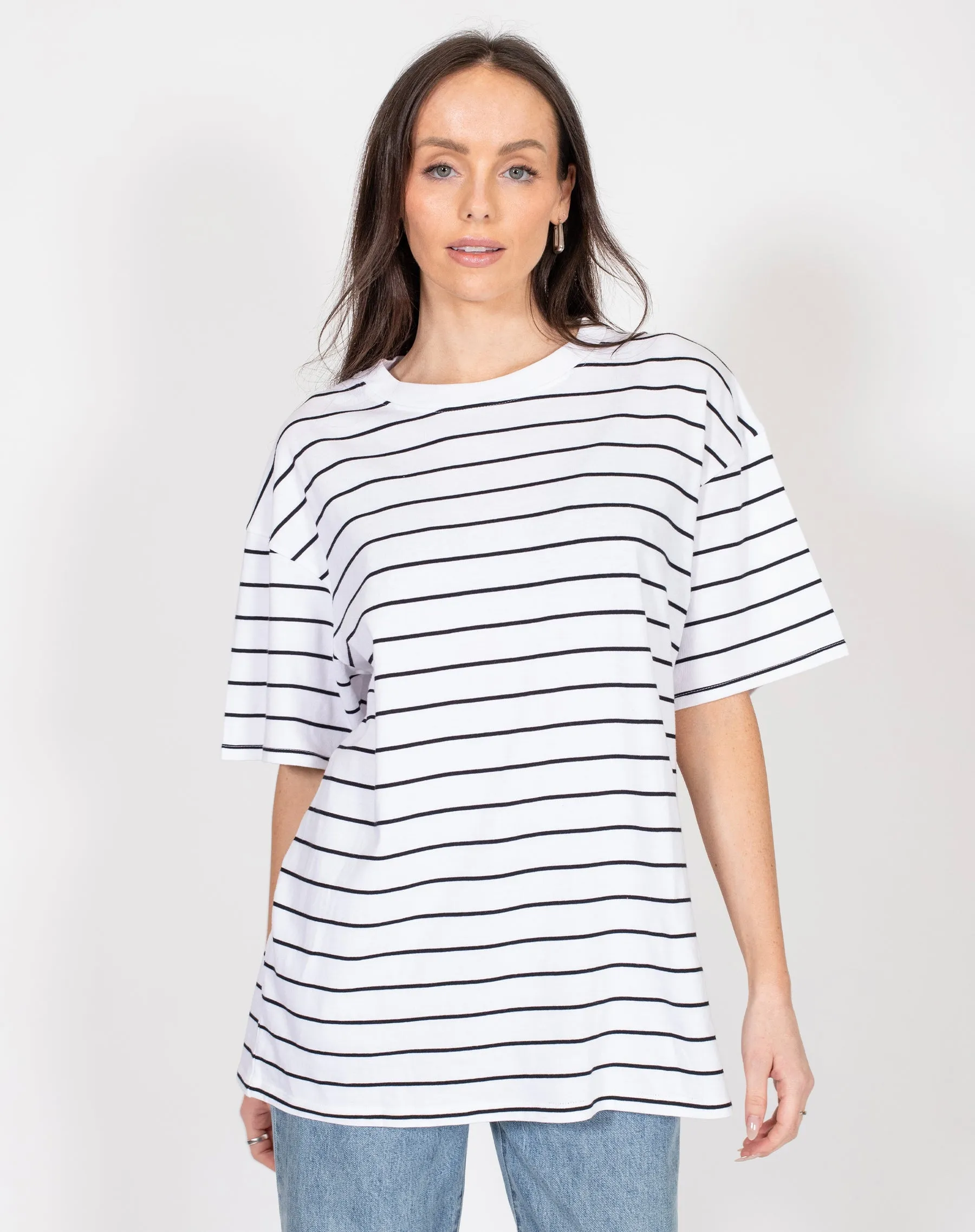 The Oversized Boxy Crew Neck Tee | White & Black Stripe sold by Brunette The Label