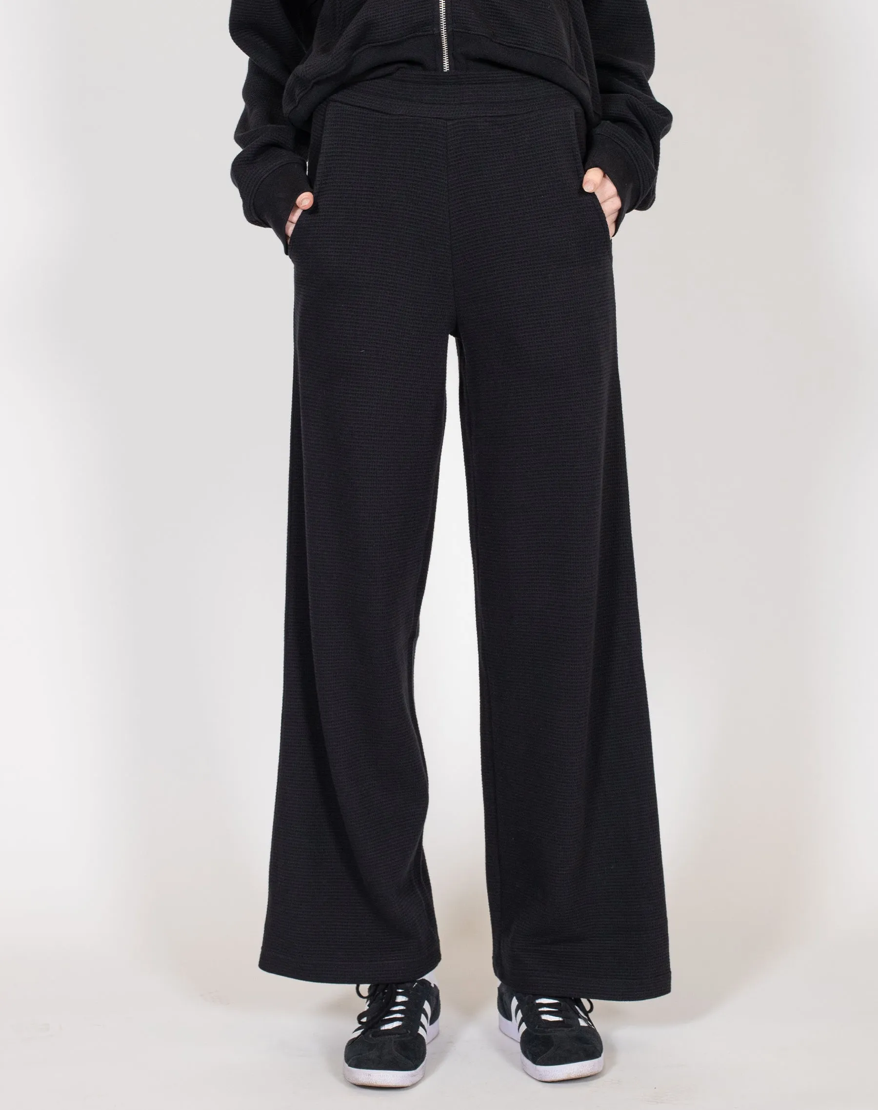 Waffle Wide Leg Pant | Black sold by Brunette The Label