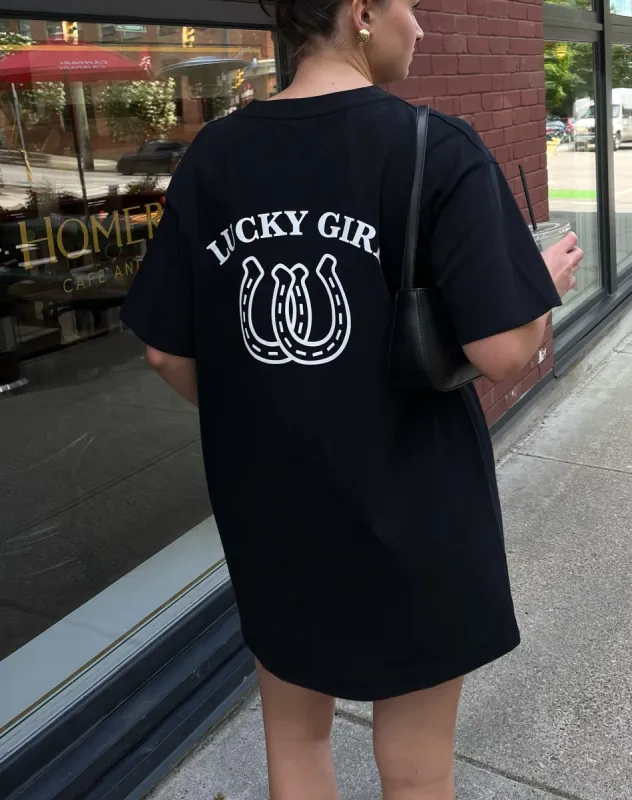 "Lucky Girl" XL Oversized Boxy Tee | Black sold by Brunette The Label