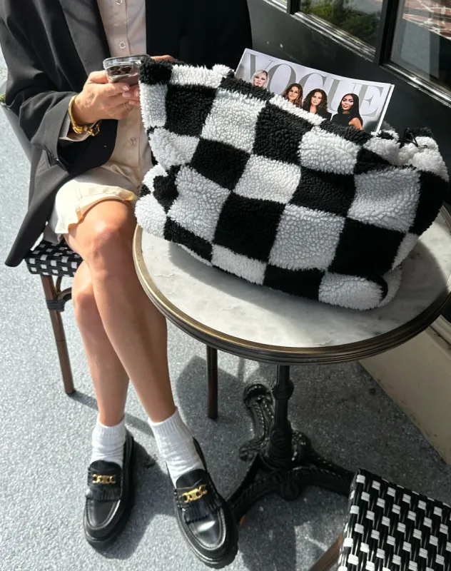 The Checkerboard Sherpa Tote Bag | Black & White sold by Brunette The Label