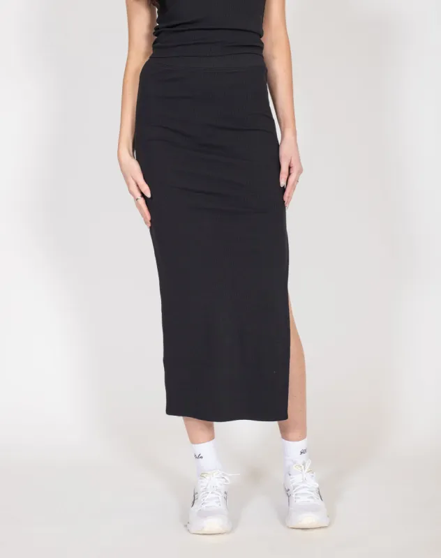 Ribbed Fitted Maxi Skirt | Black sold by Brunette The Label