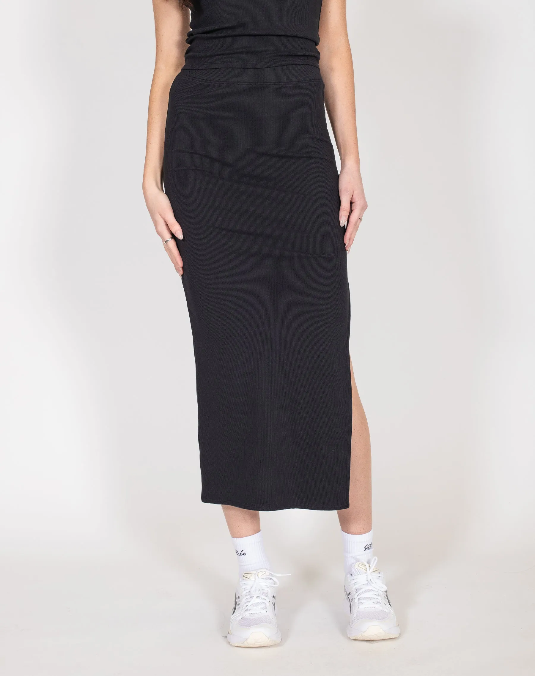 Ribbed Fitted Maxi Skirt | Black sold by Brunette The Label