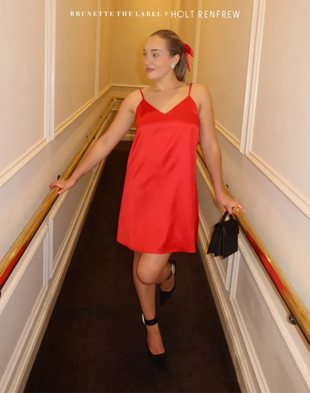 'Naomi' Satin Mini Slip Dress in Crimson | Holt Renfrew Pop Up sold by Brunette The Label