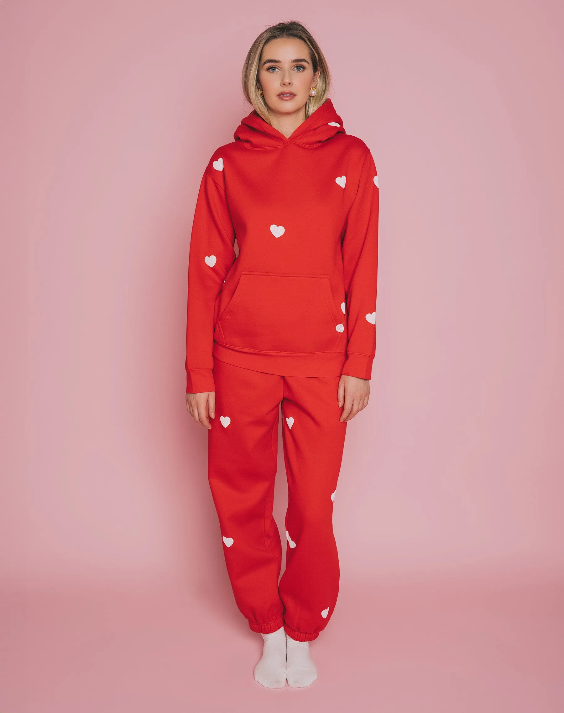 All Over Heart Sweatsuit in Red sold by Brunette The Label