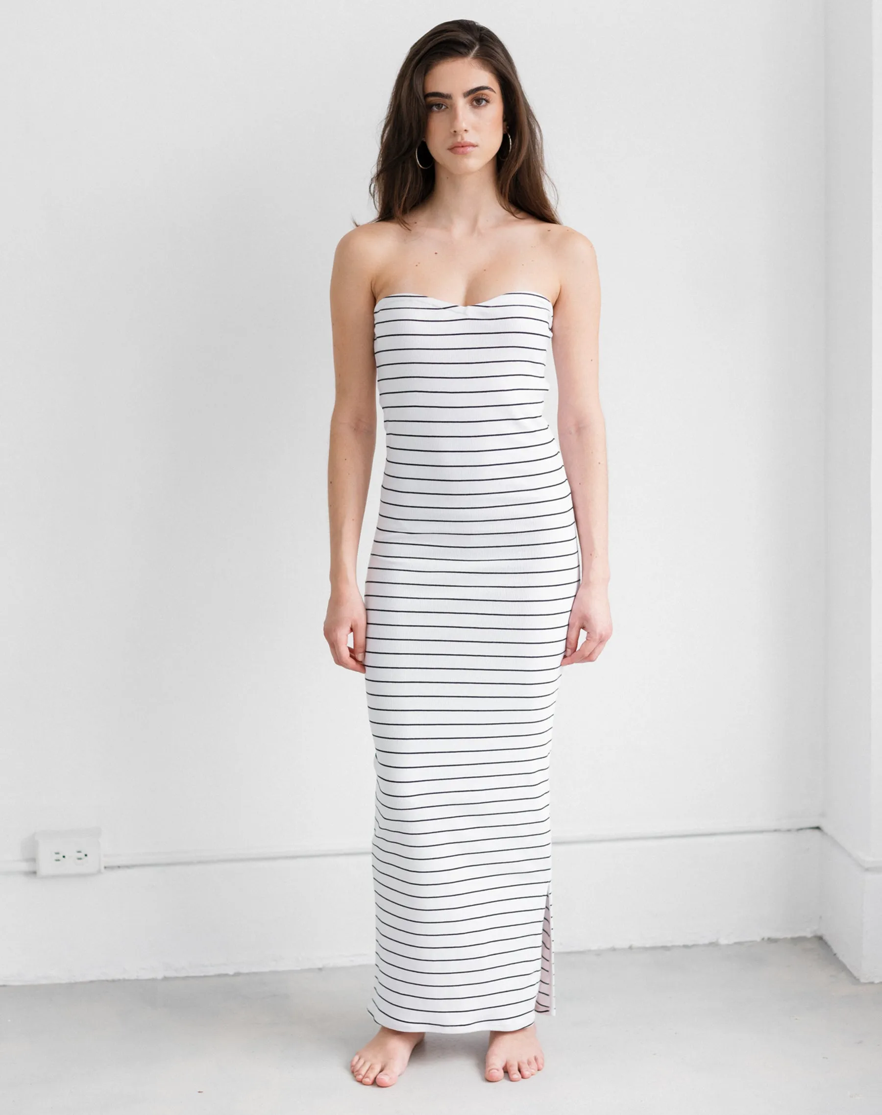 Ribbed Strapless Maxi Dress | White & Black Stripe sold by Brunette The Label product image thumbnail 2