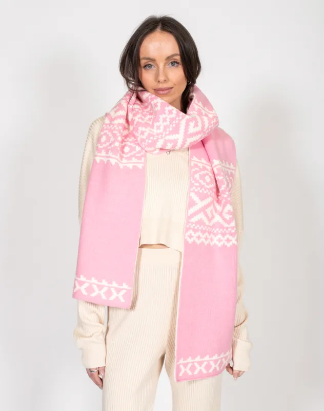 Fair Isle Knit Reversible Blanket Scarf | Bubble Gum & Cream sold by Brunette The Label