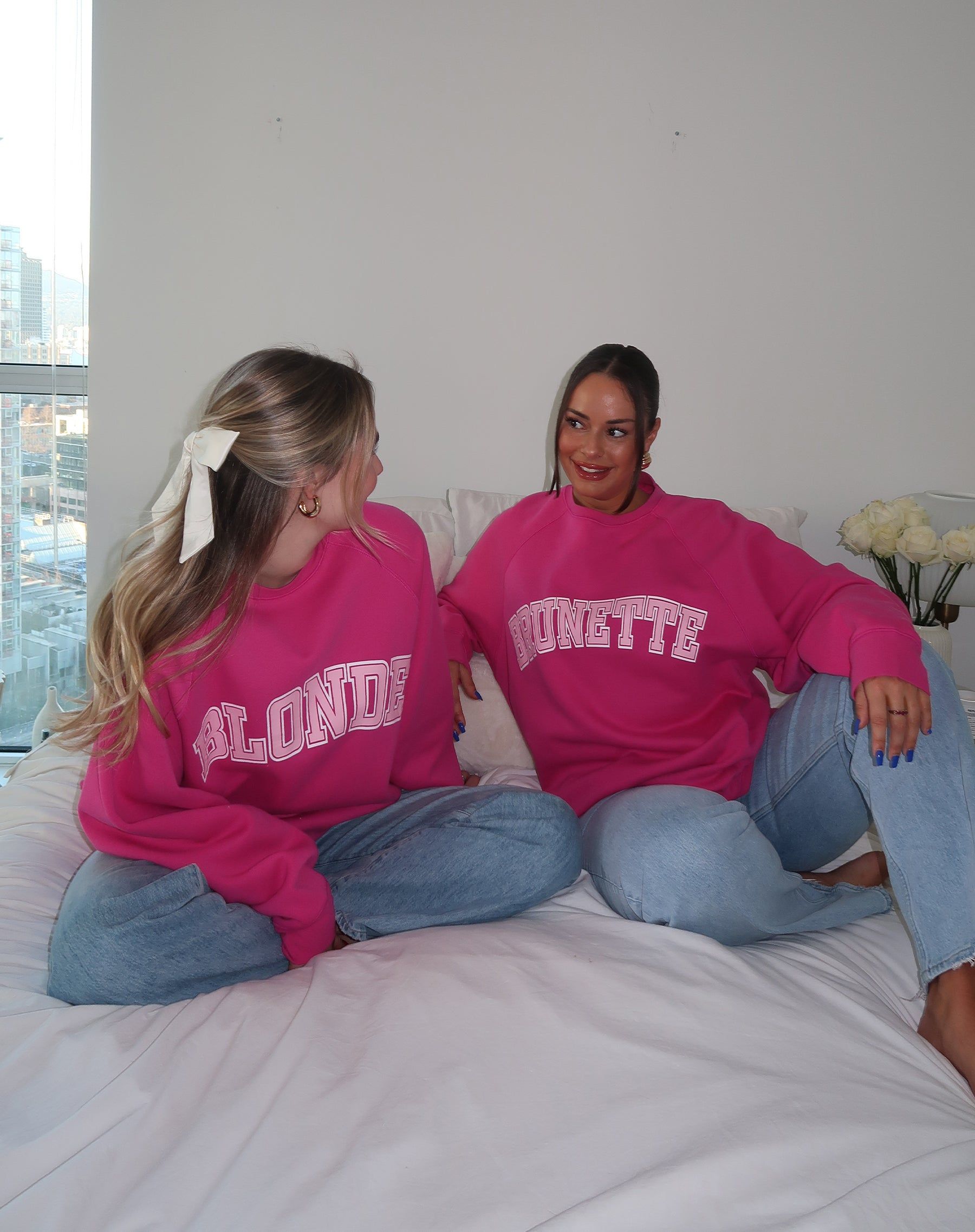 The "BRUNETTE" Not Your Boyfriend's Varsity Crew Neck Sweatshirt | Fuchsia & Baby Pink sold by Brunette The Label
