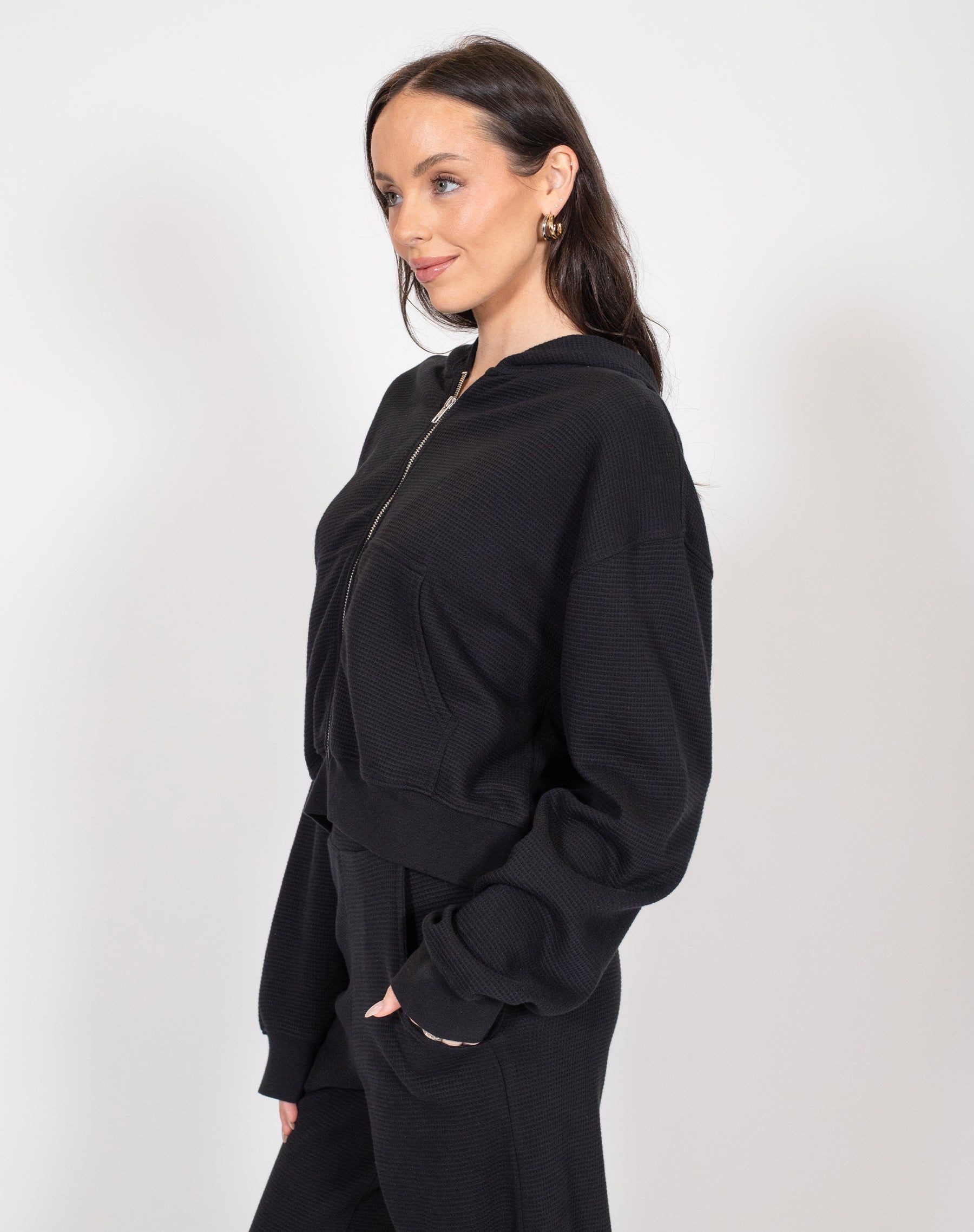 Waffle Knit Full Zip Middle Sister Hoodie | Black sold by Brunette The Label product image thumbnail 2