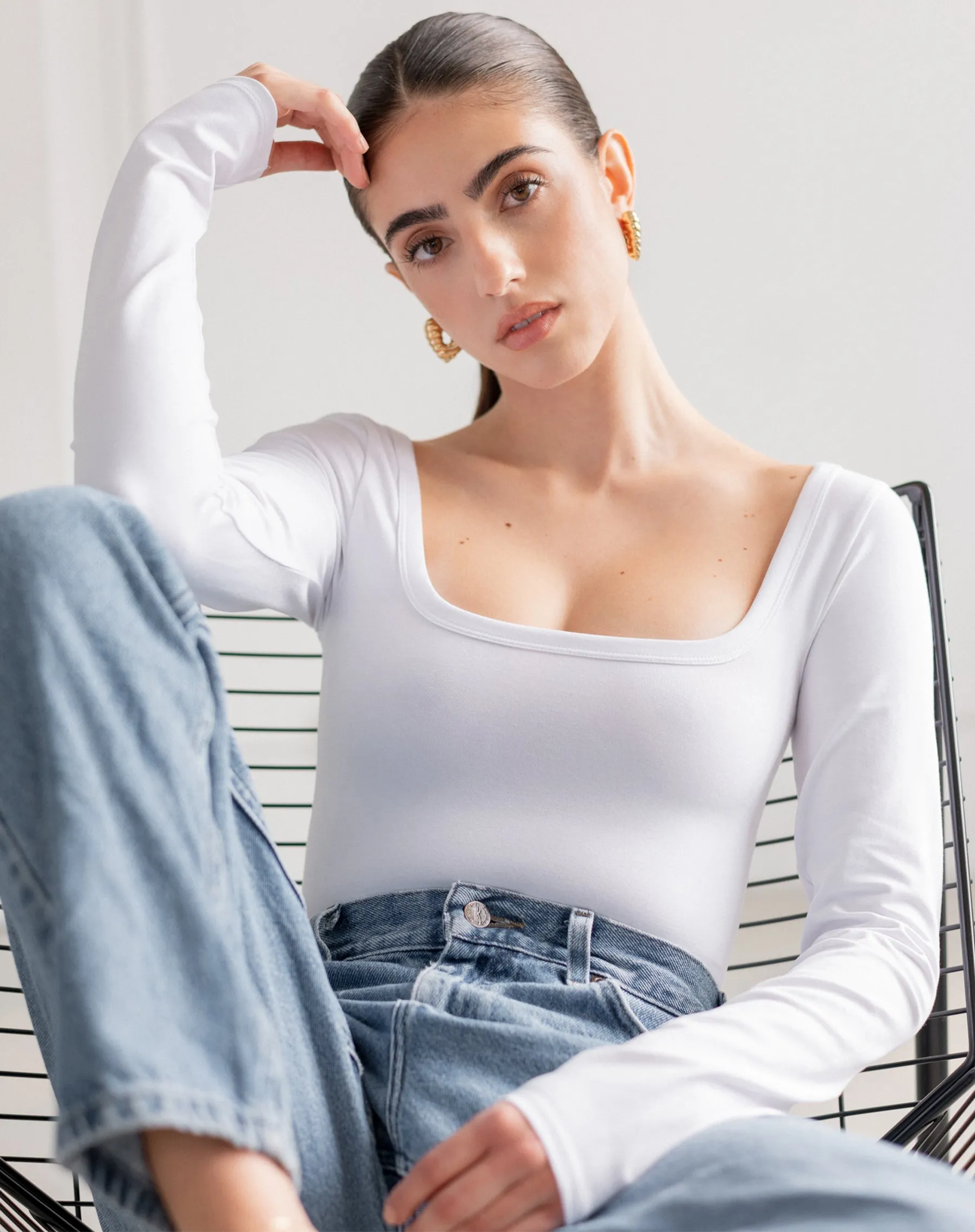 Long Sleeve Square Neck Bodysuit | White sold by Brunette The Label