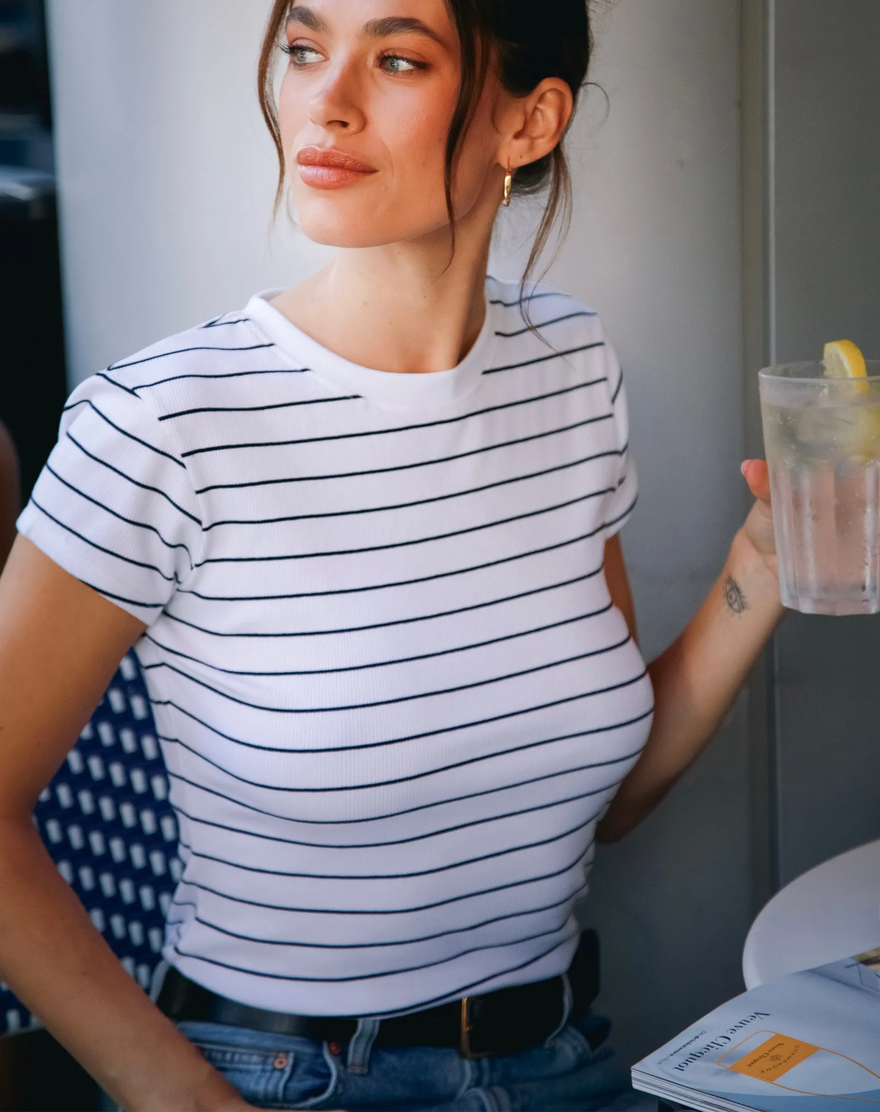 Ribbed Tee | White & Black Stripe sold by Brunette The Label