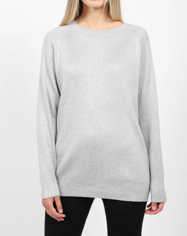 The Ribbed Crew Neck Sweater Long | Classic Grey sold by Brunette The Label