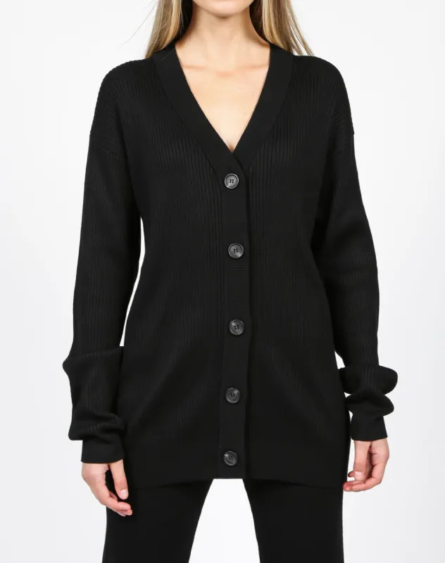The Ribbed Oversized Cardigan | Black sold by Brunette The Label