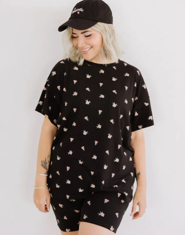 The "ROSE GARDEN" Oversized Boxy Tee in Black | The Birds Papaya x BTL sold by Brunette The Label