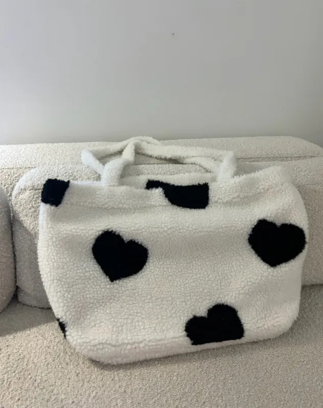 The "ALL OVER HEART" Sherpa Tote Bag | White & Black sold by Brunette The Label
