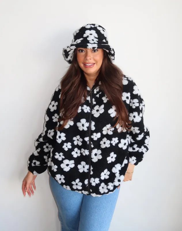 The "ALL OVER DAISY" Sherpa Bucket Hat | Black & White sold by Brunette The Label