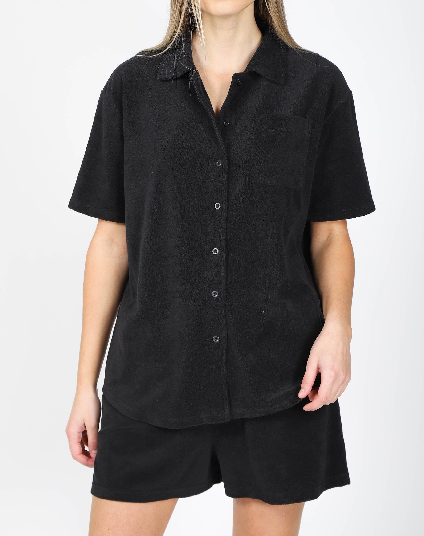 The Terry Cloth Button Up Shirt | Black sold by Brunette The Label