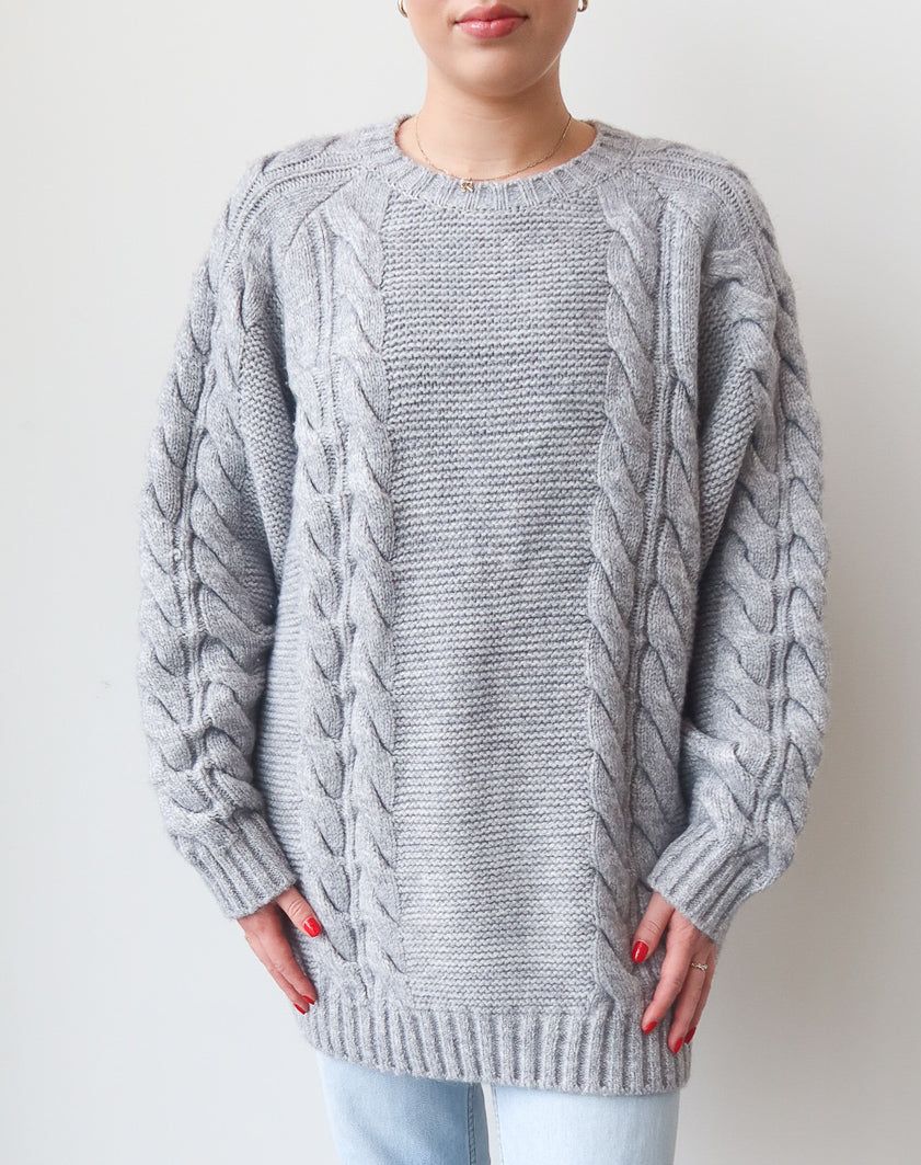 The 'Adele' Cable Knit Big Sister Sweater in Heather Grey